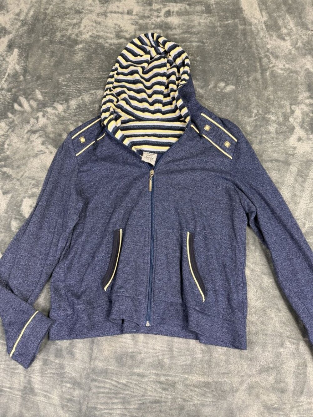 Cafe Au Lait  Womens Blue Striped Hood Zip Up Hoodie Jacket Size XL